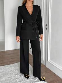 EURMUSE Bộ trang phục hai mảnh dành cho nữ Blazer và quần - màu đen - Xem 3