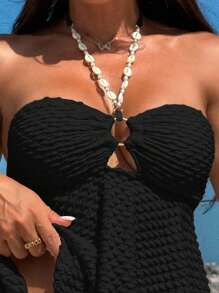 Swim Lushoire Women's Summer Beach Shell Decor Halter Tankini Swimwear Set - Black - View 4