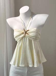 INAWLY 女士休闲度假海星装饰露背吊带上衣 - 黃色 - 查看 3