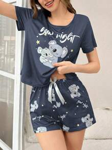 可爱考拉印花女士两件套睡衣套装 - 彩色 - 查看 6