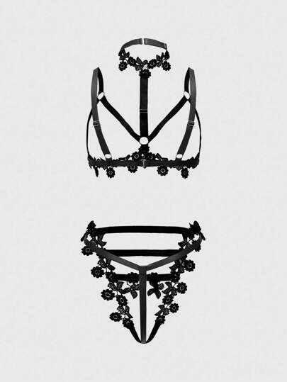 Goth Ensemble de lingerie gothique sexy avec décolleté ras-du-cou et dentelle ajourée soluble dans l'eau