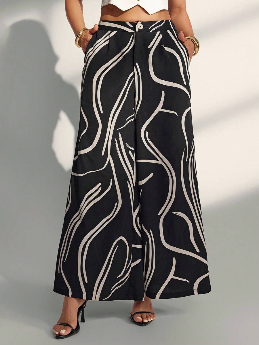 Almamuse Women's Elastic Waist Asymmetrical Geometric Pattern Wide Leg Pants Fall Casual Spring - Black - View 1