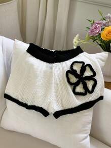 Comfortcana 乡村夏季时尚3D花卉装饰撞色拼接针织短裤秋冬 - 黑與白 - 查看 5
