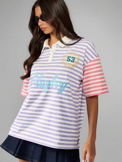 Missguided x Playboy 로고와 숫자 패치가 있는 스트라이프 폴로 셔츠