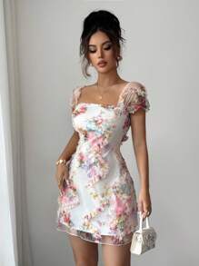 Selianne New Retro Ditsy Floral Mesh Frill Hem Form-Fitting Slip Dress, Elegant & Beautiful, Spring/Summer - Multicolor - View 4