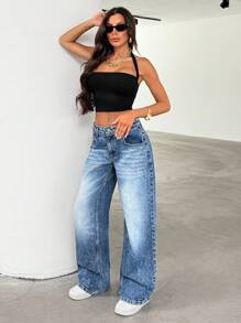 EURMUSE 女士低腰阔腿牛仔裤 休闲日常牛仔裤 - 中等水洗藍 - 查看 3