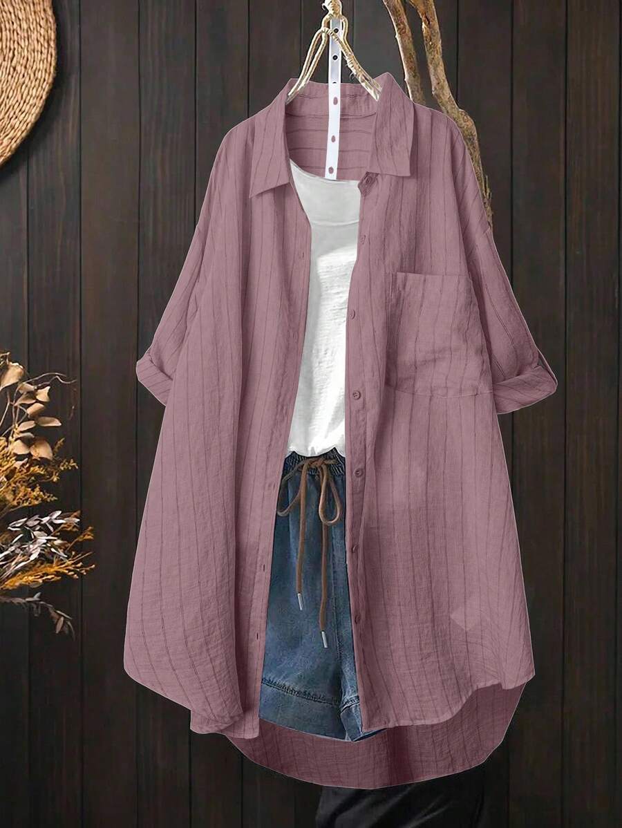 Linhara Kemeja Panjang Wanita Ukuran Besar Musim Semi/Gugur Kasual Motif Garis-garis Patchwork Saku Hem Melengkung untuk Wanita - Dusty Pink - View 1
