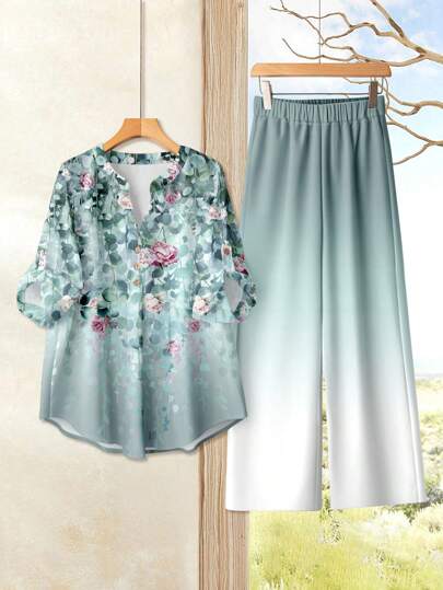 Rusticease 波西米亚风多色两件套服装，带主教袖和渐变色裤子，渐变色裤子套装女式夏季裤子套装 2 件套裤子套装女式花卉印花衬衫和裤子套装女式休闲两件套秋季服装