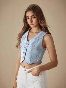 Selenza Của phụ nữ Denim Áo khoác vest Với Hình sao Kim sa Đồ trang trí - Màu xanh lam - Xem 8