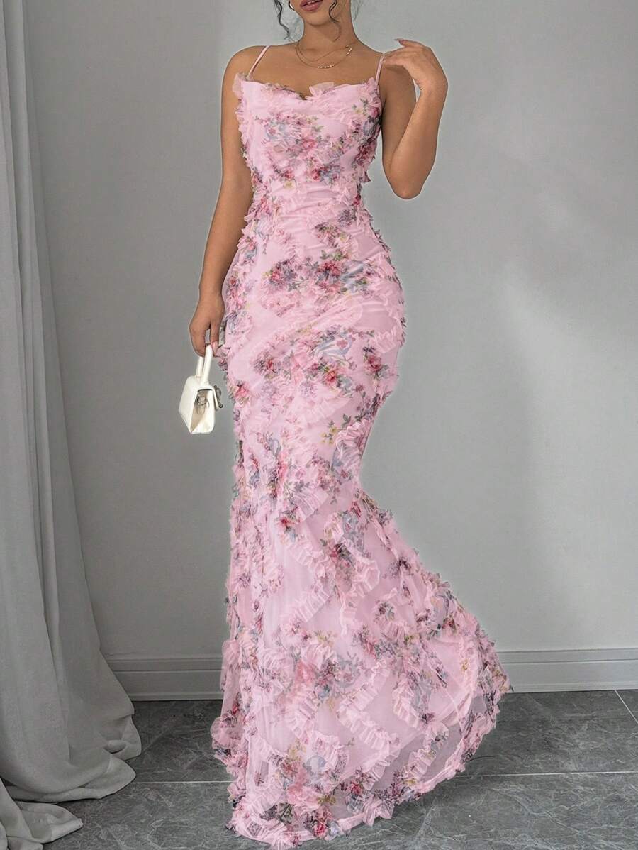 Elenzga Váy Maxi Đuôi Cá In Hoa Tulle Thanh Lịch Cho Nữ - Hồng - Xem 1