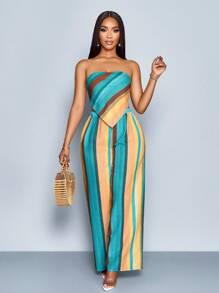 SOLERSUN Women's Spring Summer Vacation Random Graphic Print Asymmetrical Hem Tube Top & Wide-Legged Pants Two Piece Set Beach Outfit - Blue - View 6