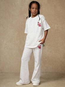 SHEIN Explorewe 2pcs/Set Girls Retro Casual Letter Graphic Short Sleeve Tee And Flare Pants,Light Grey Summer School Back-To-School Tween Girl Clothes Pants Set - Grey - View 4