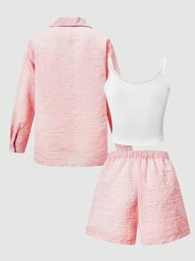 SHEIN Tween Girls Textured Shirt & Graphic Letter Print Tank Top With Shorts Set - Pink - View 4