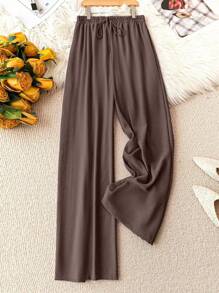 SHEIN Tall Joress Plus Size Women's Solid Color Wide Leg Loose Casual Pants With Waist Tie And Pockets Fall Cloth For Women - Brown - View 1