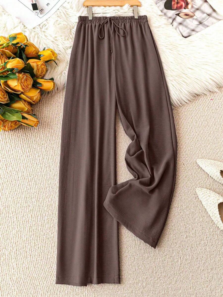 SHEIN Tall Joress Plus Size Women's Solid Color Wide Leg Loose Casual Pants With Waist Tie And Pockets Fall Cloth For Women - Brown - View 1
