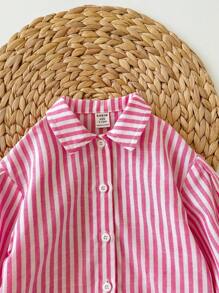 SHEIN Babygirl 可爱百搭粉白条纹蝴蝶结长袖衬衫