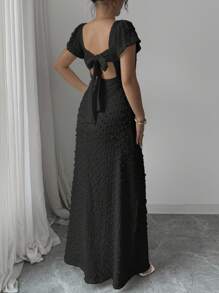 xheRafferiza Vestido largo elegante y delgado de unicolor con espalda descubierta, lazo y mangas de loto con abertura alta, para vacaciones y citas en primavera/veranoxhe - Negro - Ver 5