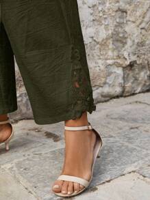 SHEIN LUNE Plus Size Casual Linen Patchwork Embroidered Floral Hem Pants - Army Green - View 5