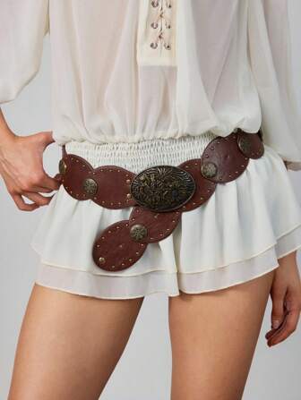 Hippie 1 pieza Cinturón redondo de piel marrón para mujer con decoración de brújula y remaches en forma de seta, accesorio versátil para jeans