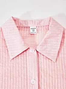 SHEIN Tween Girls Textured Shirt & Graphic Letter Print Tank Top With Shorts Set - Pink - View 5