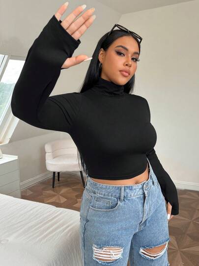 SHEIN EZwear 大尺碼高領拇指孔短版T恤 春季衣物 秋季衣物