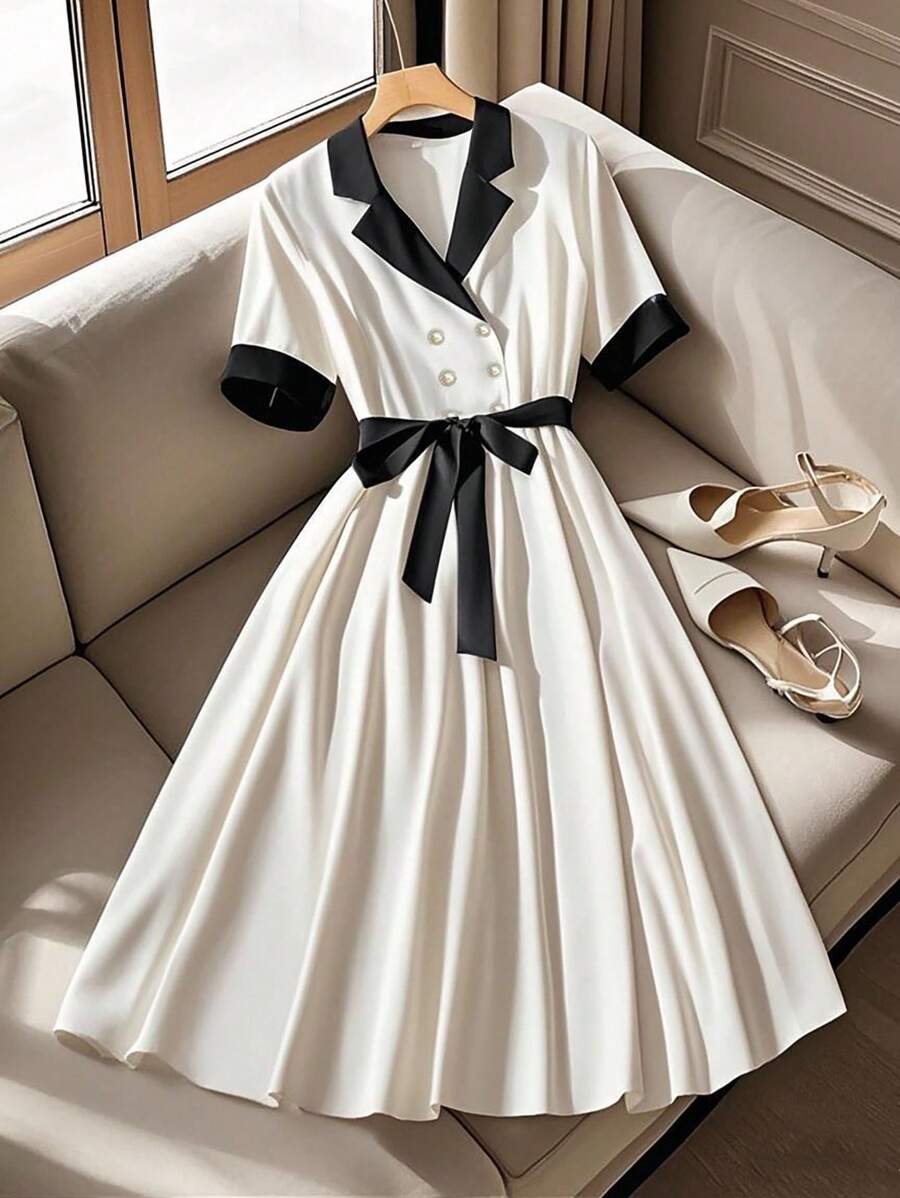 EMERY ROSE Váy ngắn tay giản dị đính nút ngọc trai hai tông màu thanh lịch cho đi làm - Màu be - Xem 1