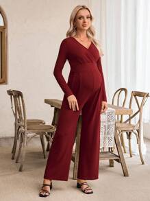 SHEIN Jumpsuit Hamil Elegan Warna Polos dengan Ikat Pinggang dan Saku Samping, Lengan Panjang, Cocok untuk Bepergian dan Kencan - Burgundy - View 4