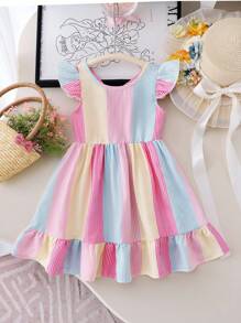 Elladie kids 女孩优雅花卉印花圆领，蝴蝶装饰镂空后背，收腰荷叶边下摆休闲连衣裙，适合度假旅行，夏季 - 彩色 - 查看 5