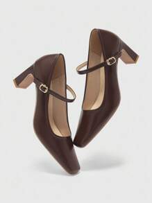 CUCCOO BIZCHIC Women's Casual Simple Solid Color Chunky Heel With Buckle Flat Shoes For Christmas Spring Shoes - Brown - View 6