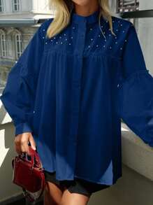 EURMUSE Camisa con cuello alto y mangas de linterna decoradas con diamantes 100% algodón - azul real - Ver 4