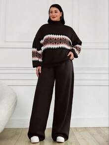 EURMUSE Women's Geometric Pattern High Neck Sweater 2pcs/Set - Brown - View 5