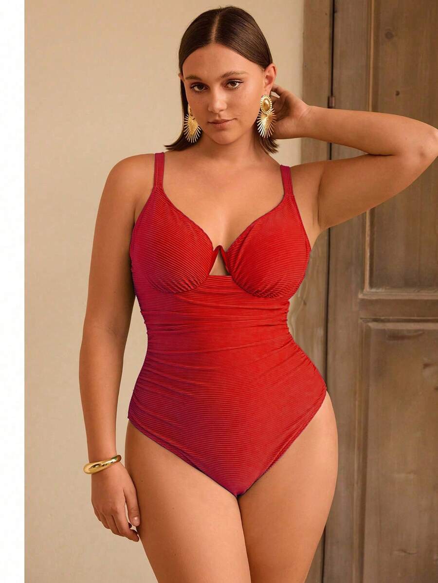 Swim Chiccia Plus Size Women's Solid Color Special Fabric Camisole One-Piece Swimsuit With Underwire For Summer Beach Vacation