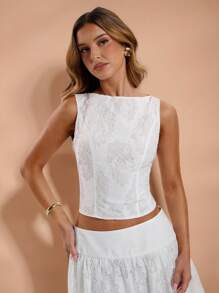 SHEIN BAE Women's Sexy Solid Color Lace Backless Tied Crop Tank Top, Summer - White - View 4