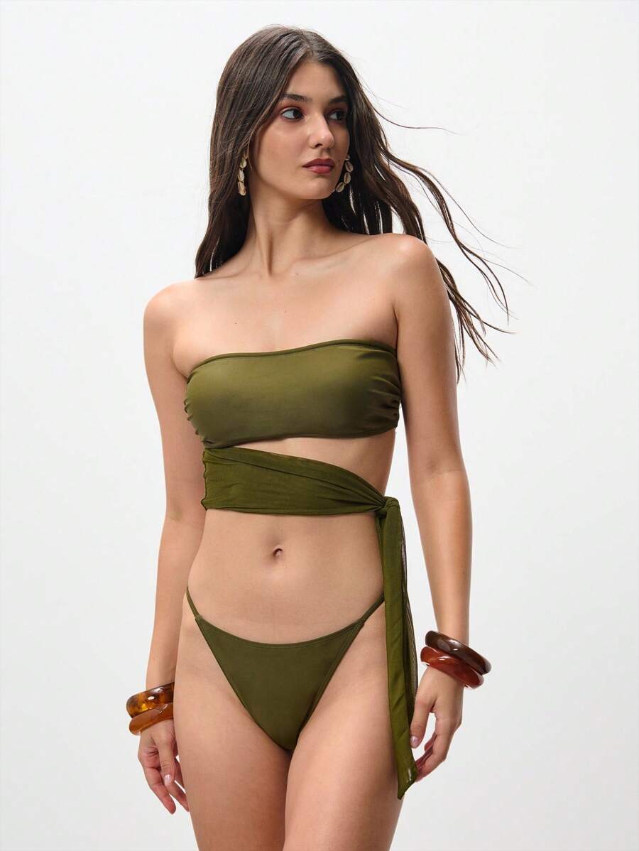 TypaGal 女士纯色抹胸侧结性感比基尼泳装套装 - 軍綠色 - 查看 1