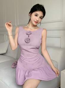 Modelyn Elegant 3D Flower Layered Hem Women Mini Dress - Pink - View 2
