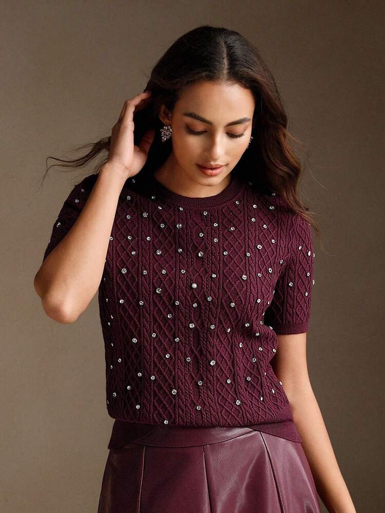 New Arrival Elegant Short Sleeve Rhinestone Decorated Knitted Sweater