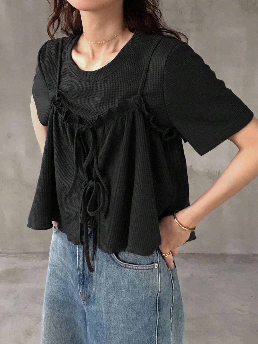 FRIFUL Women's 2 Pieces Set, Loose Fit Round Neck Short Sleeve, Tie Bow Decor, Ruched Trim Summer - Black - View 1