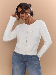 Slaydiva Women's Bow Knit Sweater, New Design Sense Round Neck Elegant Cardigan Outerwear For Autumn