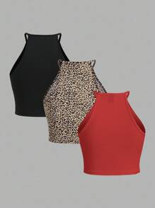 SHEIN EZwear Bộ 3 áo ba lỗ họa tiết da báo thường ngày dành cho nữ, thích hợp cho mùa hè - Nhiều màu - Xem 2