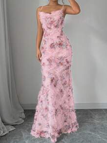 Elenzga Váy Maxi Đuôi Cá In Hoa Tulle Thanh Lịch Cho Nữ - Hồng - Xem 4