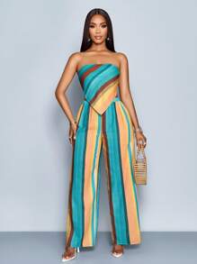 SOLERSUN Women's Spring Summer Vacation Random Graphic Print Asymmetrical Hem Tube Top & Wide-Legged Pants Two Piece Set Beach Outfit - Blue - View 1