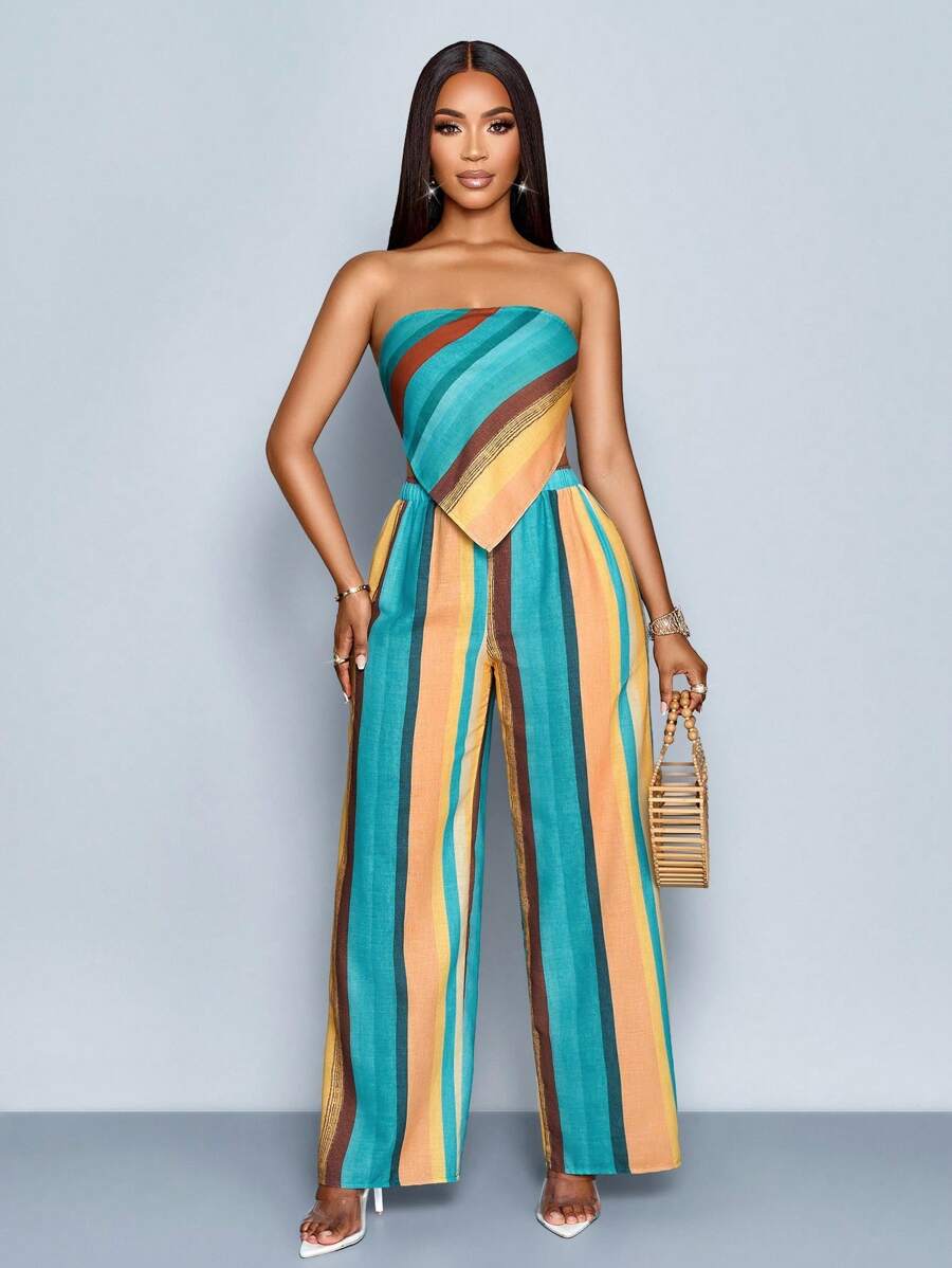 SOLERSUN Women's Spring Summer Vacation Random Graphic Print Asymmetrical Hem Tube Top & Wide-Legged Pants Two Piece Set Beach Outfit - Blue - View 1