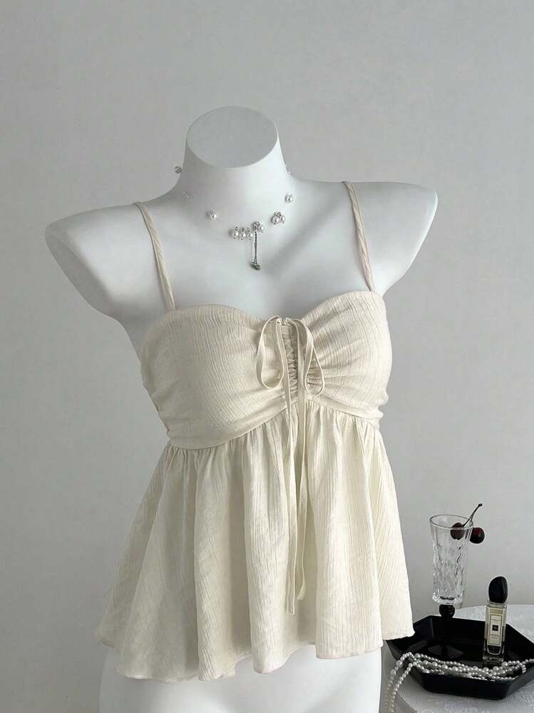 Cute Solid Color Ruffled Tank Top For Ladies, Summer Clothes For College - Apricot - View 3