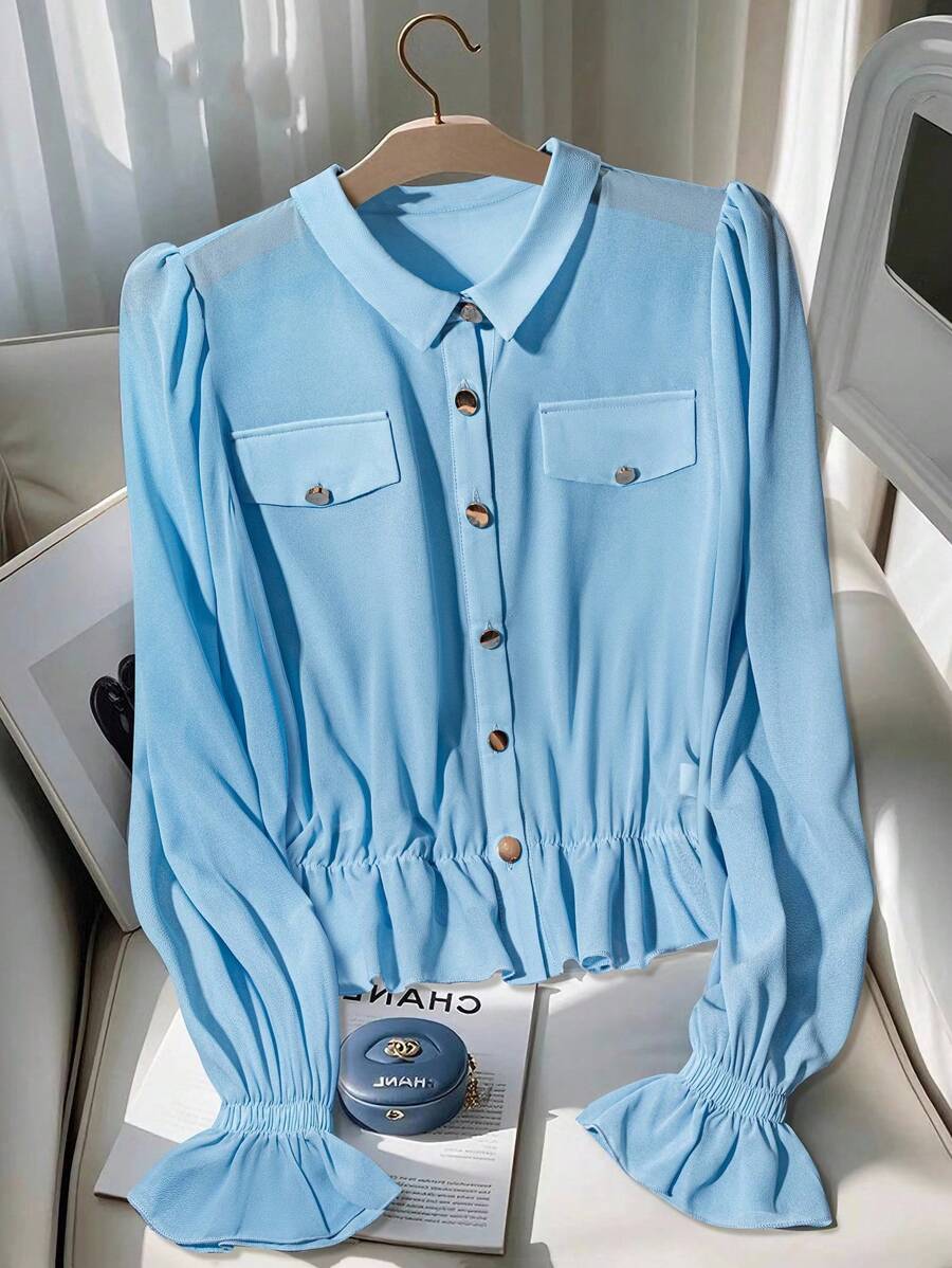 Franclia 独特的雪纺衬衫，优雅高端的女士休闲春季衬衫，适合大学校园穿着。 - 藍色 - 查看 1