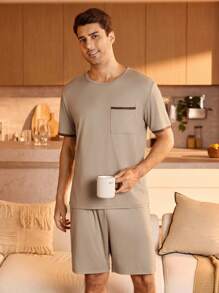 SHEIN Provexi 2PCS Men's Round Neck Short Sleeve Top And Shorts Pajama Set Men Lounge Set Sleepwear - Khaki - View 4