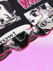 Teen Girl Cartoon Letter Print Lace Ruffle Armhole Undershirt Top - Black - View 5