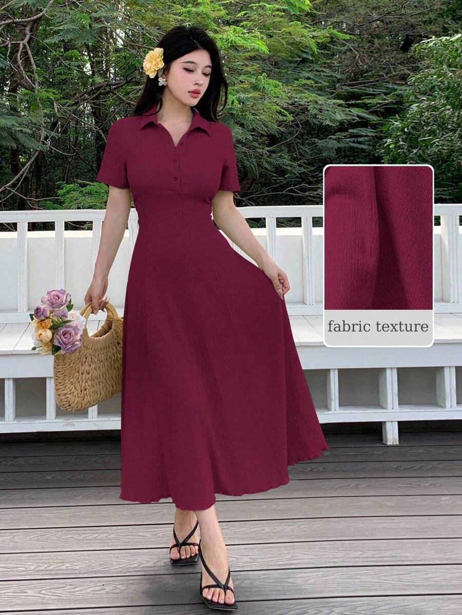 Modelyn Women's Solid Color Minimalist Button-Up Waisted Knee Length Sweater Dress - Burgundy - View 1