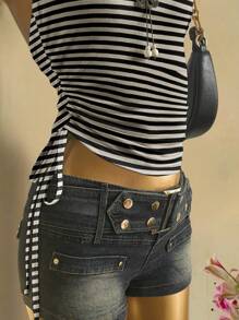 Attitoon Áo ống buộc bèo họa tiết sọc màu tương phản cho nữ, thích hợp cho mùa hè - màu đen - Xem 7