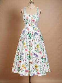SHEIN MOD Midi-Kleid in Große Größen für Damen mit Blume Muster, Spaghettiträgern, Brustkörben und rückenfreiem Schnitt - Verschiedenfarbig - Übersicht 1