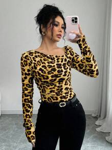 Rafferiza 优雅豹纹长袖肩扣腰褶皱罗纹针织女式 T 恤，多色 - 彩色 - 查看 7